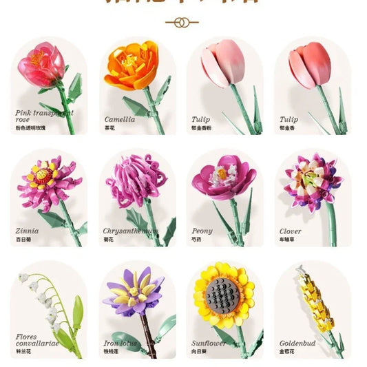 MOC Eternal Artificial Flower Bouquet – Sunflower, Rose & Tulip Building Blocks Set