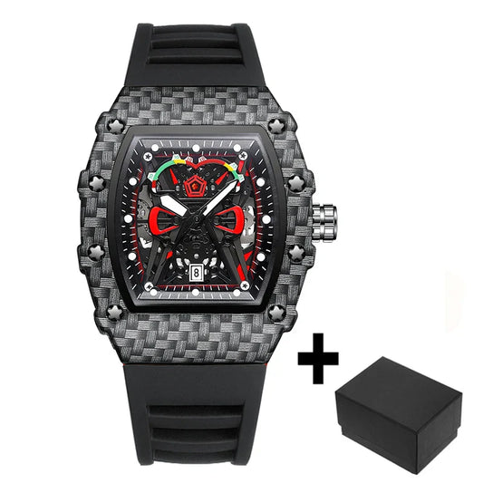 Sport Red Rubber Quartz Watch – Tonneau-Style Men's Fashion Wristwatch