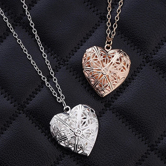 Hollow Engraved Peach Heart Necklace – Photo Box Pendant Chain for Women