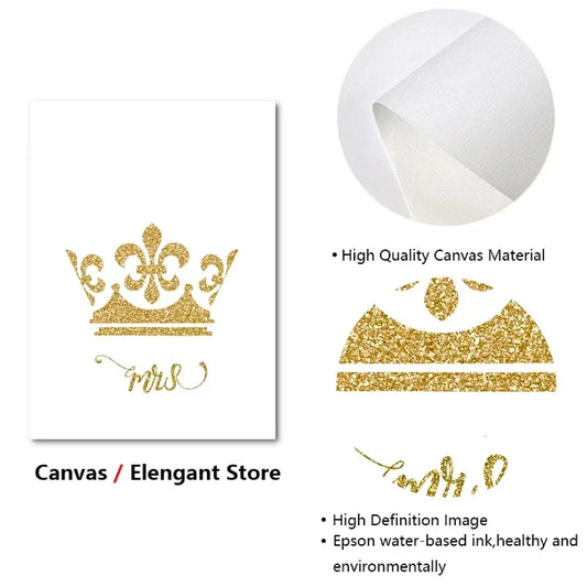 King and Queen Gold Crown Mr & Mrs Love Poster – Aesthetic Couple Canvas Wall Art