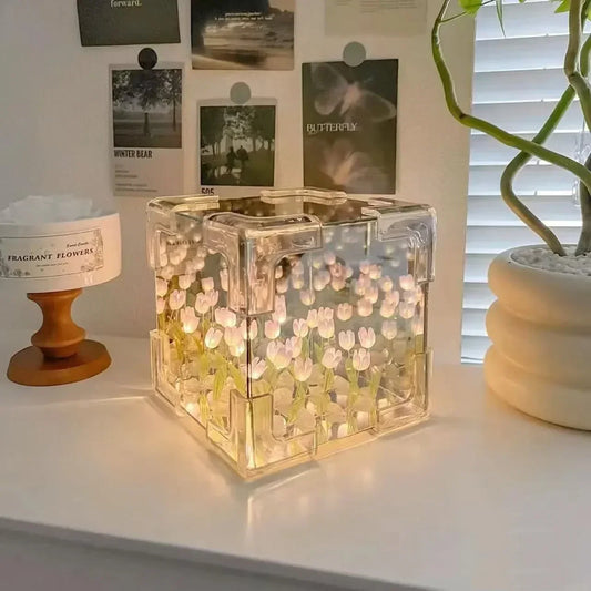 DIY Tulip Flower Sea Cube Night Lamp – 3D Creative Gift Kit for Couples & Girlfriends