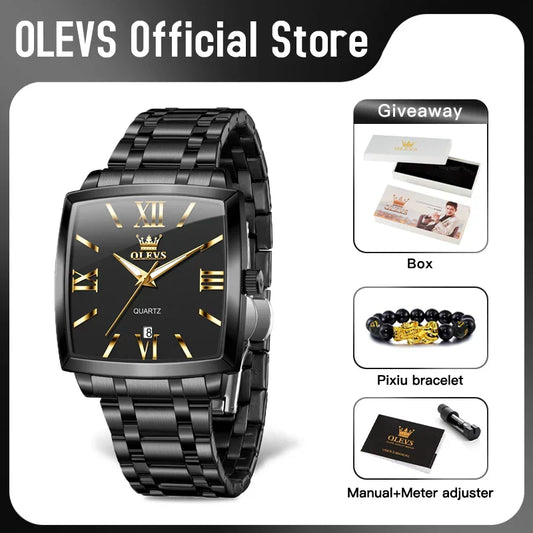 OLEVS 2969 Men’s Square Quartz Watch – Waterproof, Luminous, with Automatic Date Display