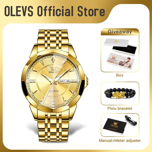 OLEVS 9977 Men's Rhombus Mirror Quartz Watch – Waterproof Luminous Stainless Steel Timepiece