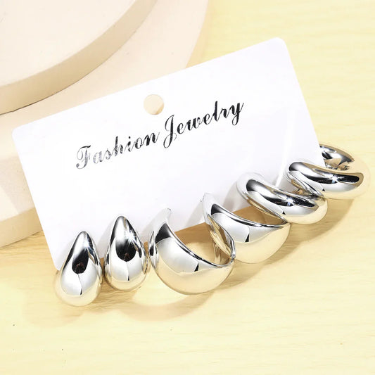 6pcs Chunky Gold Plated Waterdrop Hoop Earring Set for Women – Minimalist European & American Style