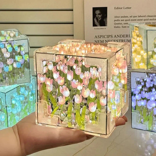 Handmade DIY Tulip Flower Cube Night Light – Full Material Kit for Room Décor & Couple Birthday Gift