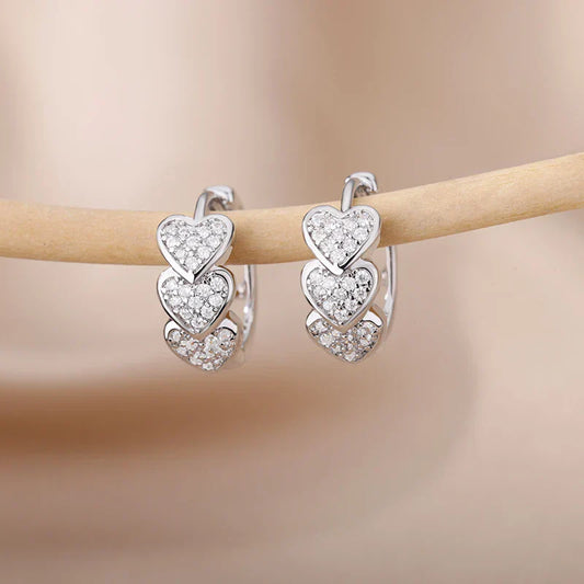 Cute Zircon Heart Stainless Steel Earrings – Y2K Silver Charm Hoop for Women