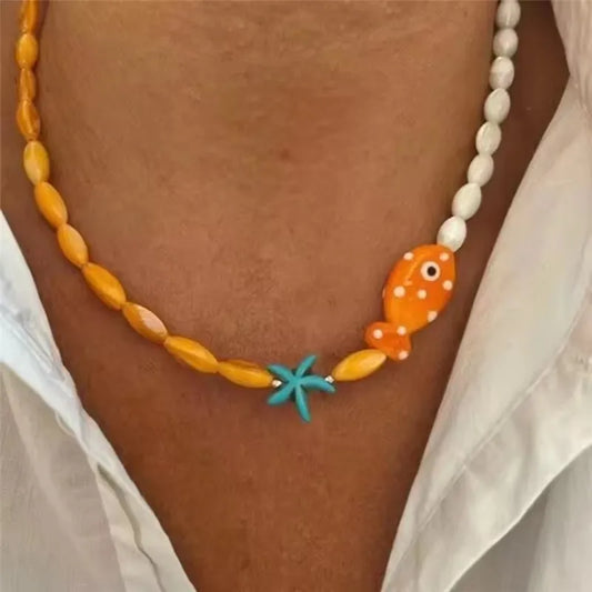 Cute Orange Ceramic Fish Necklace – Romantic Starfish & Fish Pendant for Summer Beach Style