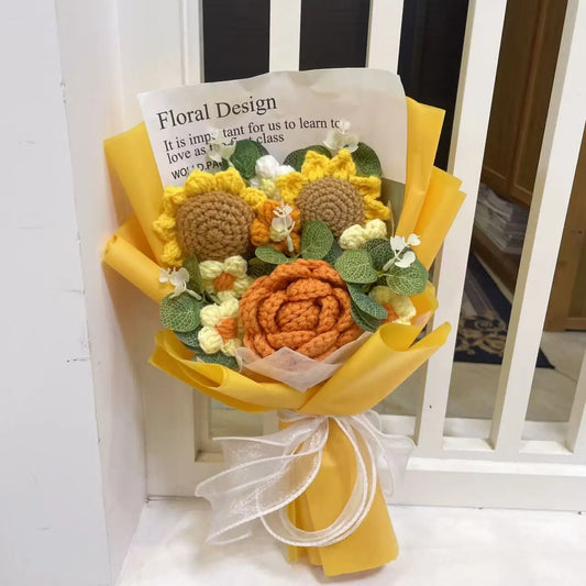 Finished Knitted Flowers – Sunflower Crochet Bouquet for Gifts & Decor