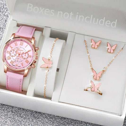 5/6PC Fashion Women's Quartz Watch & Jewelry Set
