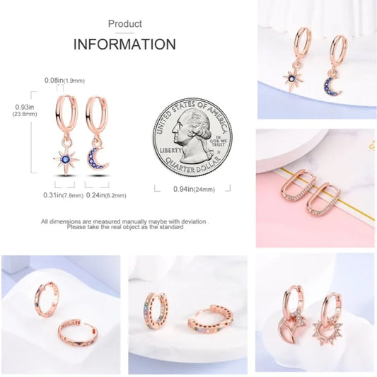Rose Gold Star & Moon Hoop Earrings – 925 Sterling Silver Dangle Jewelry for Women